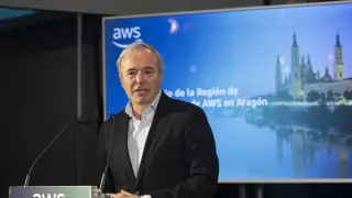 El presidente aragonés, Jorge Azcón, este jueves, en el acto de celebración del primer aniversario de los centros de datos de Amazon en Aragón.