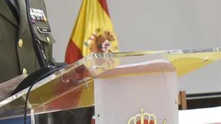 El coronel Maximiliano Espinar Lamadrid, durante su alocución tras su toma de posesión como nuevo Jefe del Estado Mayor de la División Castillejos en Huesca. dos años.
