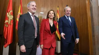 Natalia Chueca, Jorge Azcón y Jorge Mas, en la constitución de la sociedad de La Nueva Romareda