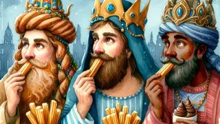 Los Reyes Magos comiendo churros.
