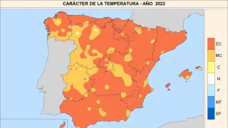 Temperaturas en España en 2023. EC = Extremadamente cálido. MC = Muy cálido. C = Cálido. N = Normal. F = Frío. MF = Muy frío. EF = Extremadamente frío...AEMET..18/01/2024 [[[EP]]]