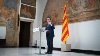 El presidente de la Generalitat de Catalunya, Pere Aragonès, ofrece una rueda de prensa, en el Palau de la Generalitat
