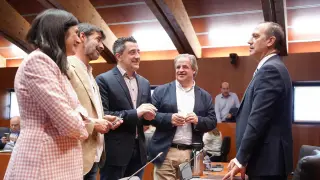 Bancalero conversa con los diputados Lasobras (CHA), Sanz (IU), Carpi (PSOE) y Fuertes (PP), antes de la Comisión de Sanidad.