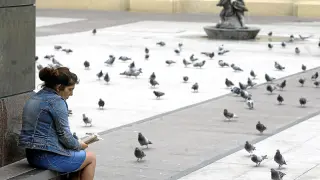 Una mujer, sentada en la plaza del Pilar con dos bolsas de grano para las palomas en la mano