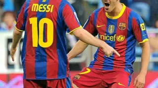 Messi celebra con Villa uno de los dos goles que marcó el pasado sábado en La Romareda.