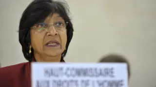 La alta comisionada de Derechos Humanos, Navi Pillay, durante su ponencia sobre Libia en Ginebra