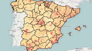 En rojo se muestran las zonas en las que se concentran los 'indignados', aunque falta Canarias