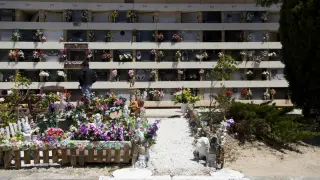 Un pequeño jardín levantado delante de una tumba gitana en el cementerio de Torrero