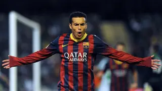 Pedro celebra uno de los goles del Barça