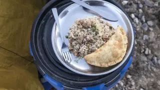 Empanadillas con un arroz salteado con carne de cerdo
