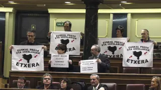 Amaiur pide con pancartas en el Congreso frenar la dispersión de presos etarras