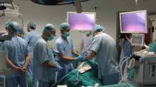 Varios cirujanos en el quirófano del Centro de Investigación Biomédica de Aragón.