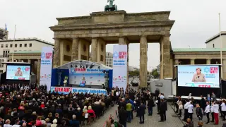La canciller Angela Merkel durante el acto de apoyo al colectivo judío en Berlín.