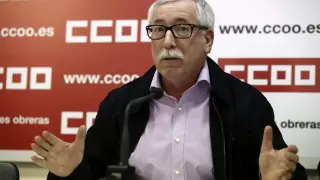 El secretario general de CC.OO., Ignacio Fernández Toxo, durante la rueda de prensa