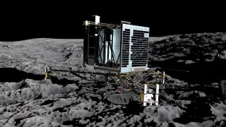 Simulación del robot Philae posándose en el cometa 67/P