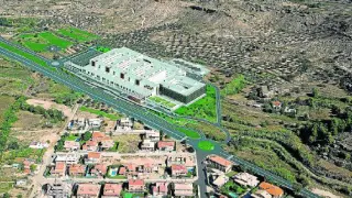 Recreación virtual del futuro hospital de Alcañiz, que se levantará en el paraje Cantagallos.