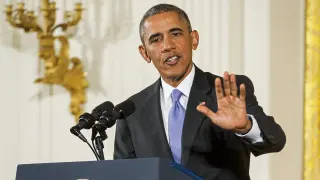 Barack Obama durante una conferencia informativa en la Casa Blanca sobre el pacto con Irán.