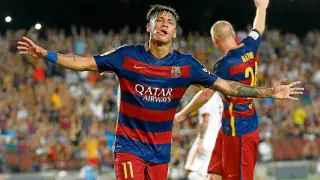 Neymar celebra el gol anotado frente a la Roma, el pasado miércoles, en el Joan Gamper.