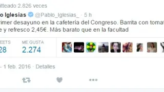 Tuit que ha publicado este lunes Pablo Iglesias contando su primer desayuno en el Congreso.
