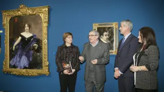 Inauguración de la muesta sobre el Goya retratista y su influencia en los pintores a aragonesa, con presencia de Magdalena Lasala, Fernando Alvira y Juan Carlos Sánchez, jefe de la Obra Social de Ibercaja.