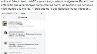 Publicación de Facebook de Clara San Damián en el que denuncia la actitud del usuario que se burló de la muerte de José Antonio Pérez.