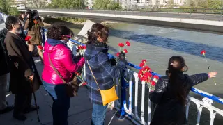 Los gitanos de Zaragoza lanzan claveles al Ebro en el Día Internacional del Pueblo Gitano.