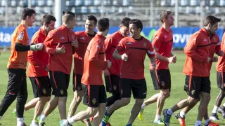 Los futbolistas del Real Zaragoza, en un entrenamiento reciente.