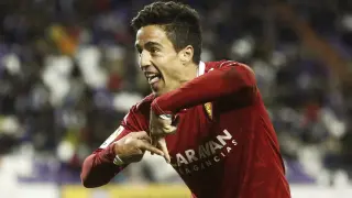 Pedro celebra el 1-2 que logró en Zorrilla ante el Valladolid minutos antes de ser expulsado.