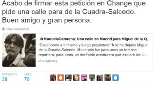Esperanza Aguirre se ha sumado a la iniciativa en Change.org para que De la Quadra-Salcedo tenga una calle en Madrid.