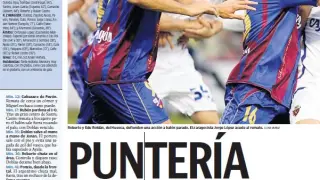 Primera página de la sección de Deportes de Heraldo de Aragón con el arranque de la crónica del partido jugado en mayo de 2009.