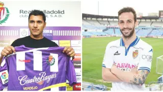 Marcelo Silva, hace un año en su presentación como jugador del Valladolid, y Guitián con la camiseta del Real Zaragoza en su estreno como jugador del equipo aragonés el 2 de febrero. Ahora ambos han permutado los colores.
