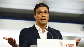 Pedro Sánchez, durante su rueda de prensa en Ferraz
