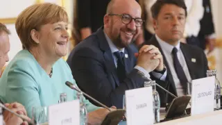 Angela Merkel (Alemania), Charles Michel (Bélgica) y Matteo Renzi (Italia) en la cumbre de Bratislava.