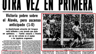 Información del partido Real Zaragoza-Alavés de 1978, con el gol victorioso de Arrúa que significó el 1-0 y el ascenso a Primera.