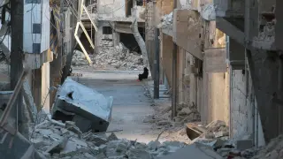 Una mujer sentada en las zonas dañadas por las bombas de la zona rebelde
