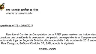 Encabezamiento del fallo del Comité de Competición de este jueves sobre la sanción a Marcelo Silva.
