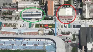 Imagen aérea de la zona de La Romareda, donde se aprecia la cercanía del inminente traslado de las oficinas del Real Zaragoza. En rojo, la actual ubicación. En verde, la que será nueva sede de la SAD.