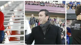 Tres imágenes recientes de Agné como entrenador. A la izda., sentado en la grada de Montilivi, en Girona, hace cuatro años. En el centro, en un partido en El Alcoraz. A la dcha., hace un año, de espaldas, saludando a Popovic en La Romareda con el Tenerife