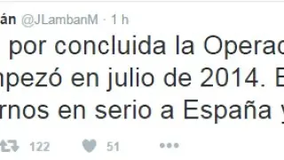 Mensaje de Javier Lambán en Twitter sobre la renuncia de Sánchez