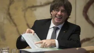 Carles Puigdemont en la reunión semanal del Gobierno catalán.