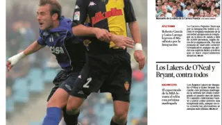 Portada de la sección de Deportes de Heraldo de Aragón el día después del triunfo 1-2 en el Coliseum del Real Zaragoza de 2002.
