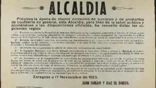 El bando sobre la correcta elaboración de turrón emitido por la Alcaldía de Zaragoza en 1920.