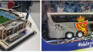 Los nuevos juguetes zaragocistas: el puzle tridimensional de La Romareda y la miniatura del autobús del equipo.