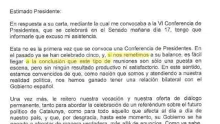 Puigdemont envió esta carta a Mariano Rajoy para anunciarle que no acudiría a la Conferencia de Presidentes