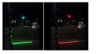 El sistema ilumina con una línea roja y verde el suelo.
