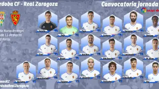 Lista de 19 convocados del Real Zaragoza para el viaje a Córdoba.