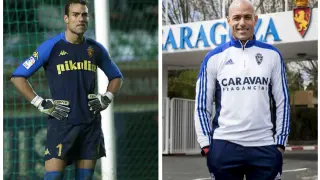 14 años y 3 meses separan estas dos fotos. A la izda., César Láinez como portero del Real Zaragoza en el campo del Elche, cariacontecido, tras encajar el 4-0 adverso en la liga 2002-03. A la dcha., el pasado miércoles, como entrenador recién nombrado del club aragonés.