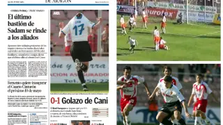 Portada del Heraldo de Aragón del 14 de abril de 2003, reflejando el golazo de Cani en Almería. Al lado, captura de las imágenes de televisión en el momento del gol. El jugador celebra el tanto con la camiseta sobre la cabeza (entonces lucía el dorsal '17