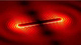 Representación de la intensidad del campo eléctrico de la radiación de una antena de oro sobre una lámina de nitruro de boro, un material que presenta propiedades fotónicas tan interesantes como una alta capacidad de concentración de luz