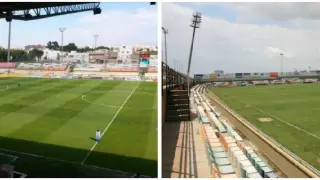 Dos imágenes del Camp Nou de Reus, el pequeño estadio donde jugará el Real Zaragoza el próximo domingo.